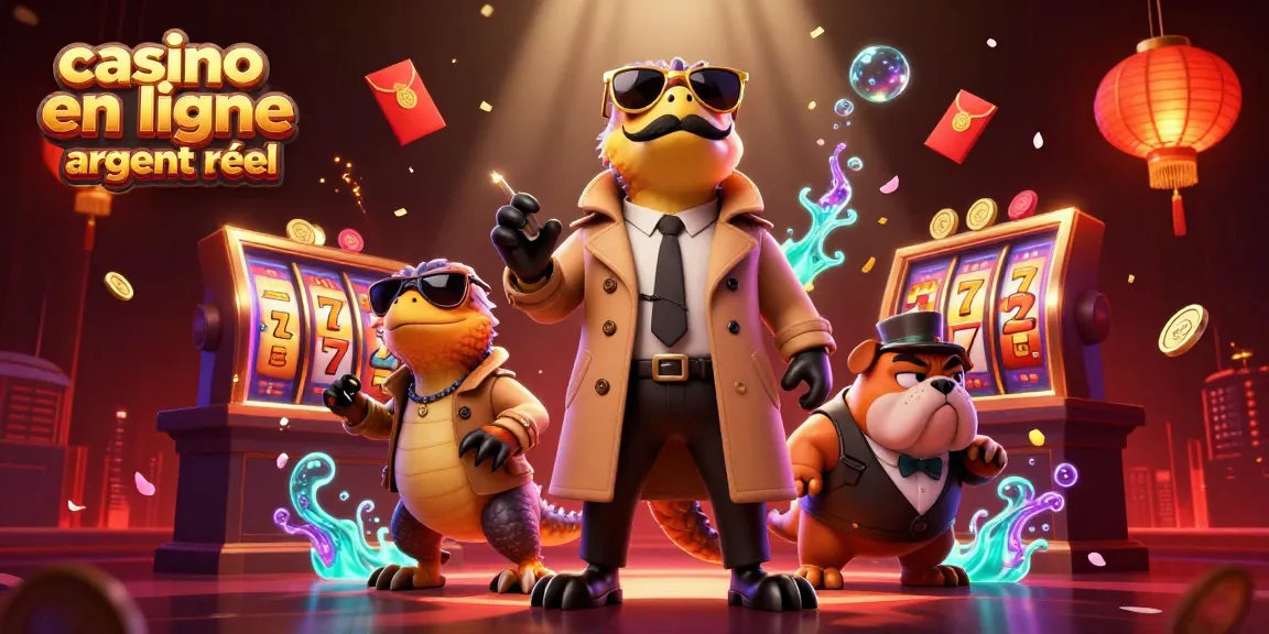 Illustration dynamique de trois raptors déguisés en un homme entrant dans un casino VIP, représentant le casino en ligne argent réel