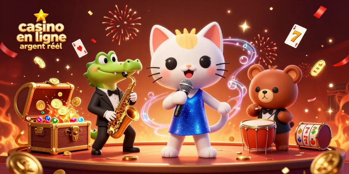 Jouez dans un casino en ligne argent réel avec des personnages animés sur scène, des machines à sous, et des effets festifs.