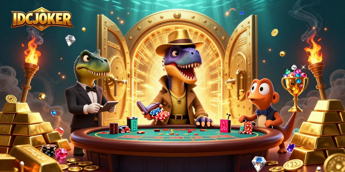 IDCJOKER gaming scene featuring a velociraptor card counter at blackjack, surrounded by treasures and colorful game elements.