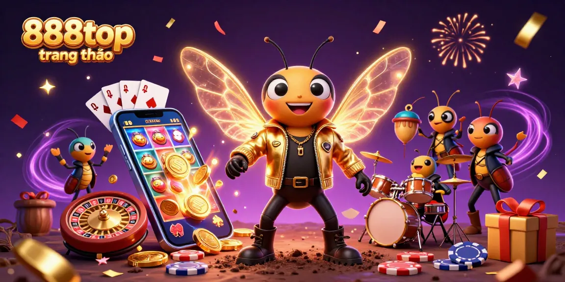 Unleash excitement at 888top trang chủ with a vibrant casino scene featuring colorful slot games.