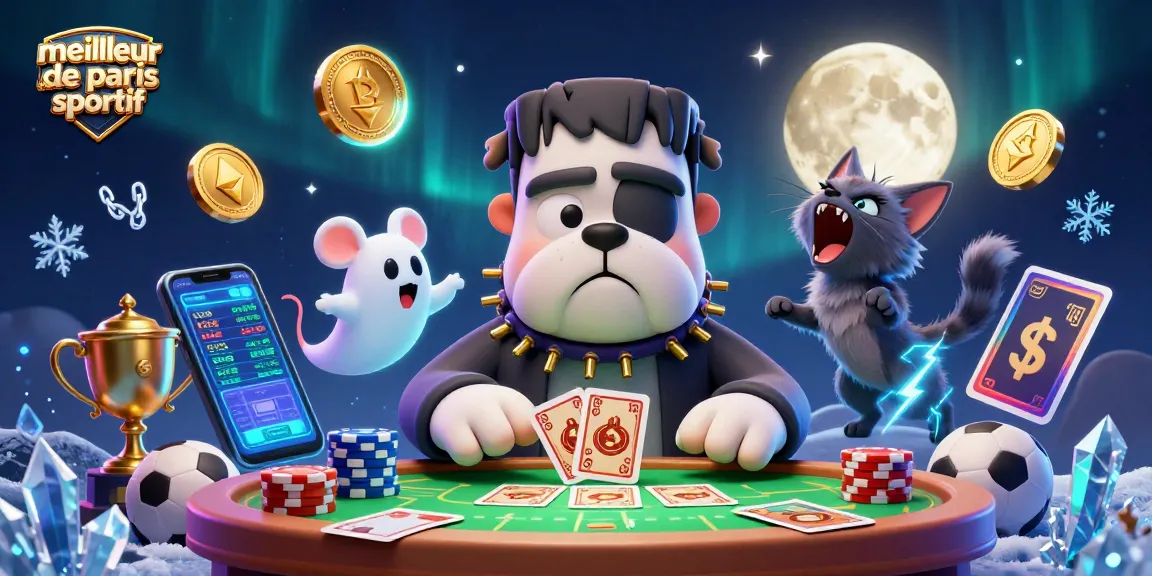 Un bulldog Frankenstein au meilleur site de paris sportif distribue des cartes avec des éléments de paris sportifs.