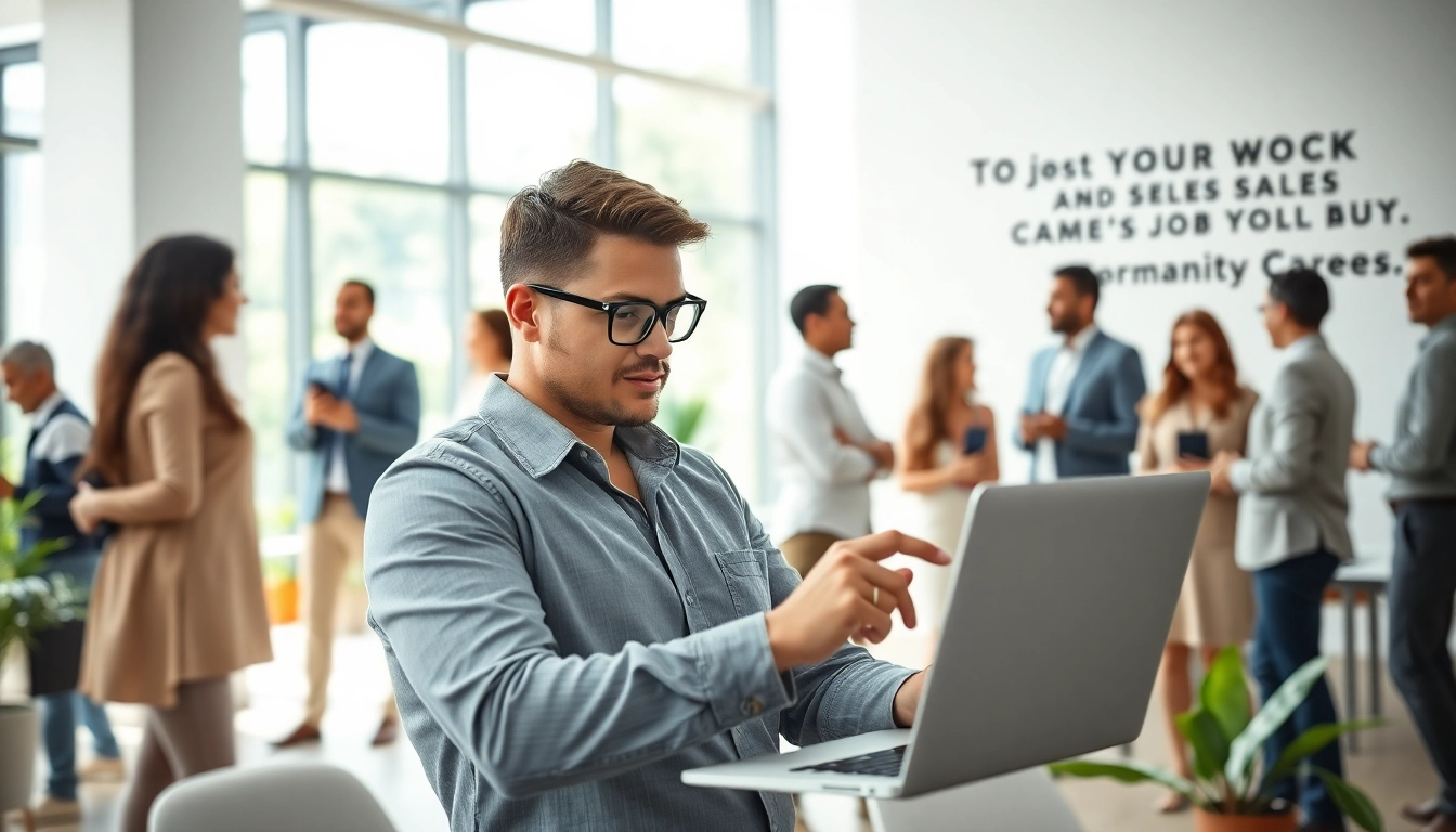 Job seeker navigating how to find good sales jobs in a professional office environment.