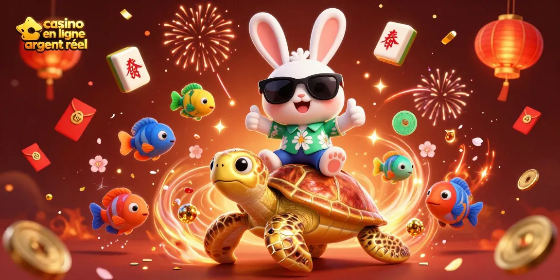Jouez sur un casino en ligne argent réel avec un lapin chanceux et une tortue dorée, ambiance festive.