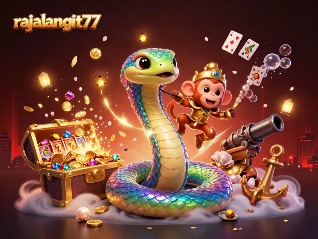 Permainan slot di rajalangit77 dengan naga pelangi dan raja monyet dalam suasana kasino yang magis.