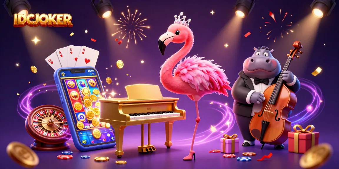 IDCJOKER showcases a lively casino scene with a flamingo singer and hippo bassist amidst vibrant slot game elements.