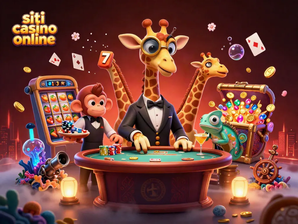 Scopri i migliori siti casino online con il giraffa da poker e la scimmia valet in un'illustrazione vivace.