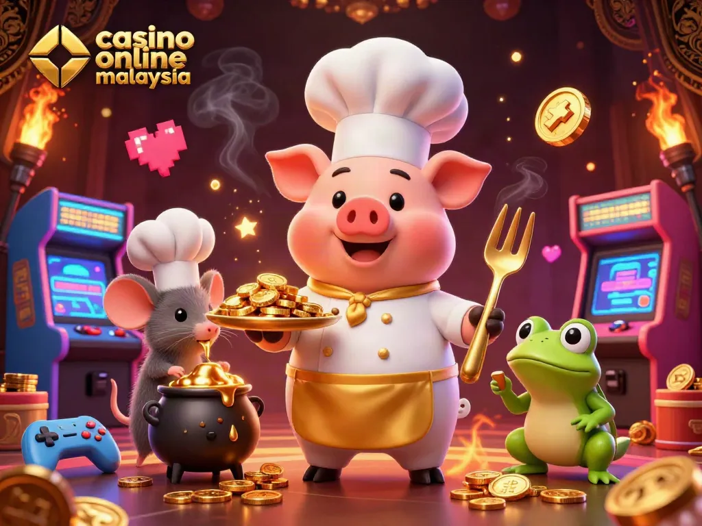Experience the thrill of casino online malaysia with dynamic characters around gold coins and arcade games.
