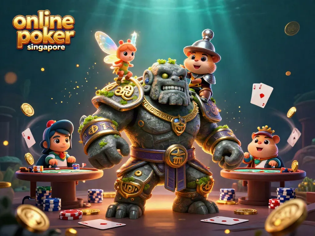 Experience the excitement of online poker Singapore with dynamic poker elements and a magical scene.