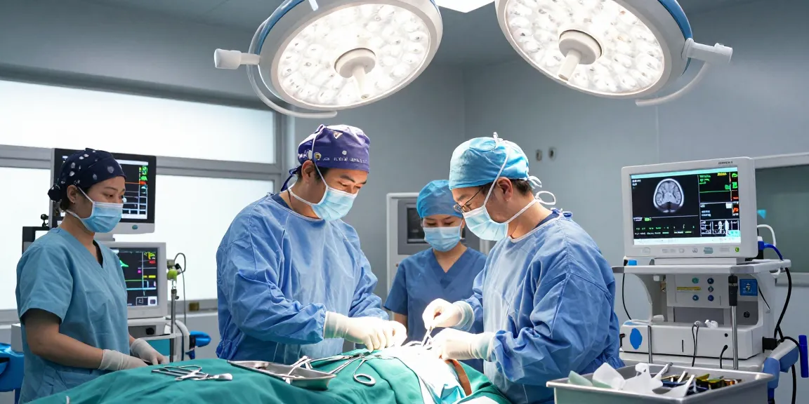 Brain surgery in progress focuses on patient and surgical team with essential medical equipment and instruments.