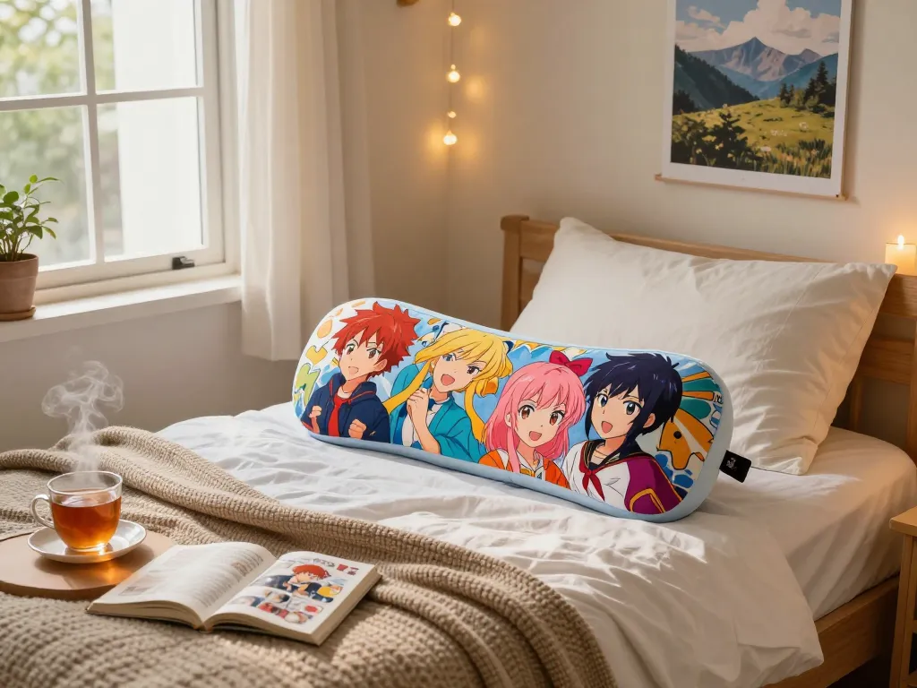 Custom dakimakura body pillow with vibrant anime art on a cozy bed.