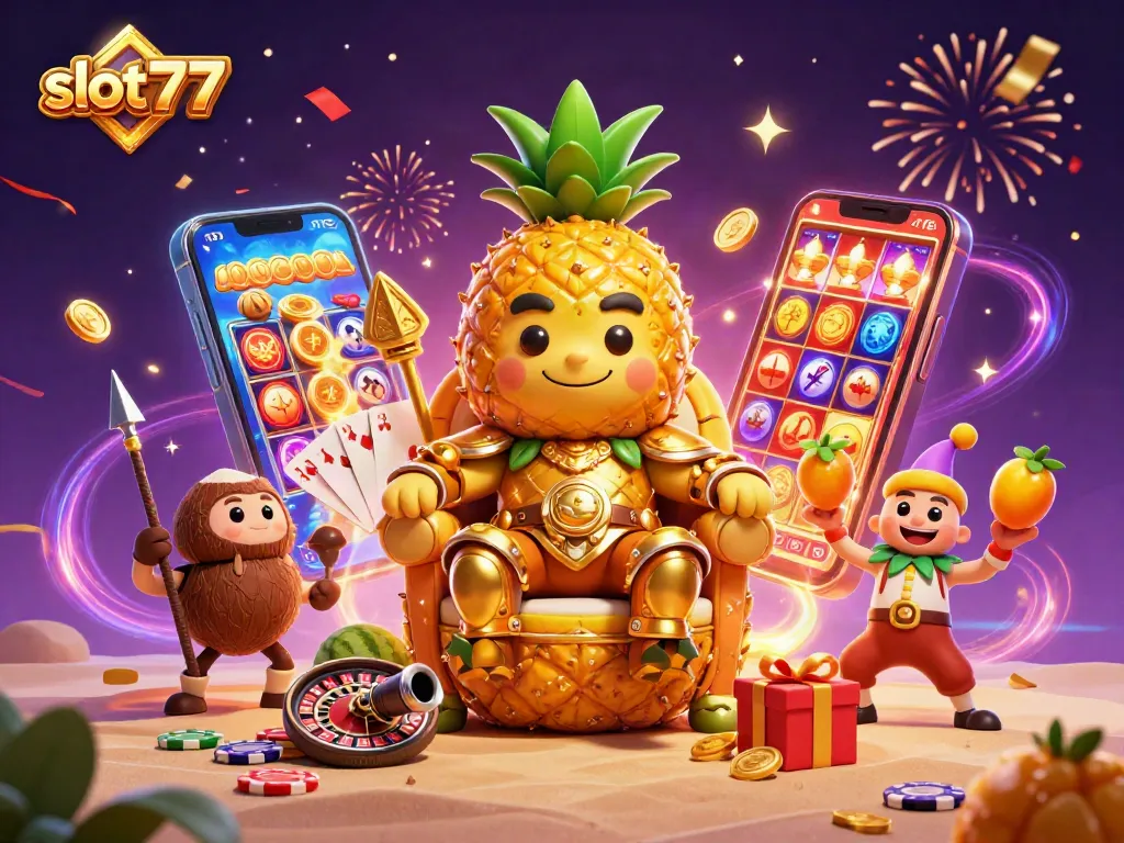 Mainkan slot777 dengan karakter raja nanas dan hadiah menyerbu dalam ilustrasi kasino yang meriah.