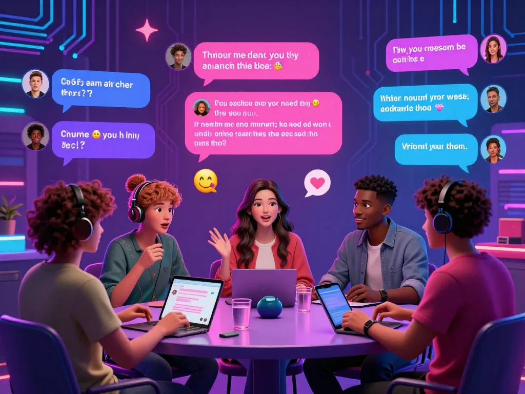 Dynamic chat room scene showcasing engaging porn AI chat interactions with diverse avatars.