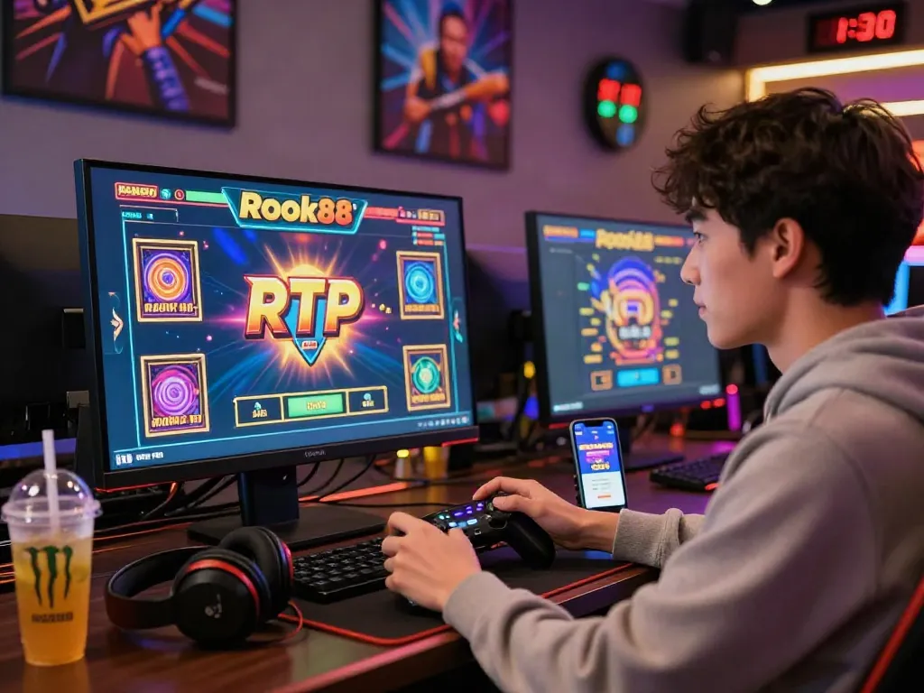 Player immersed in rokok88 rtp gaming on vibrant computer setup.