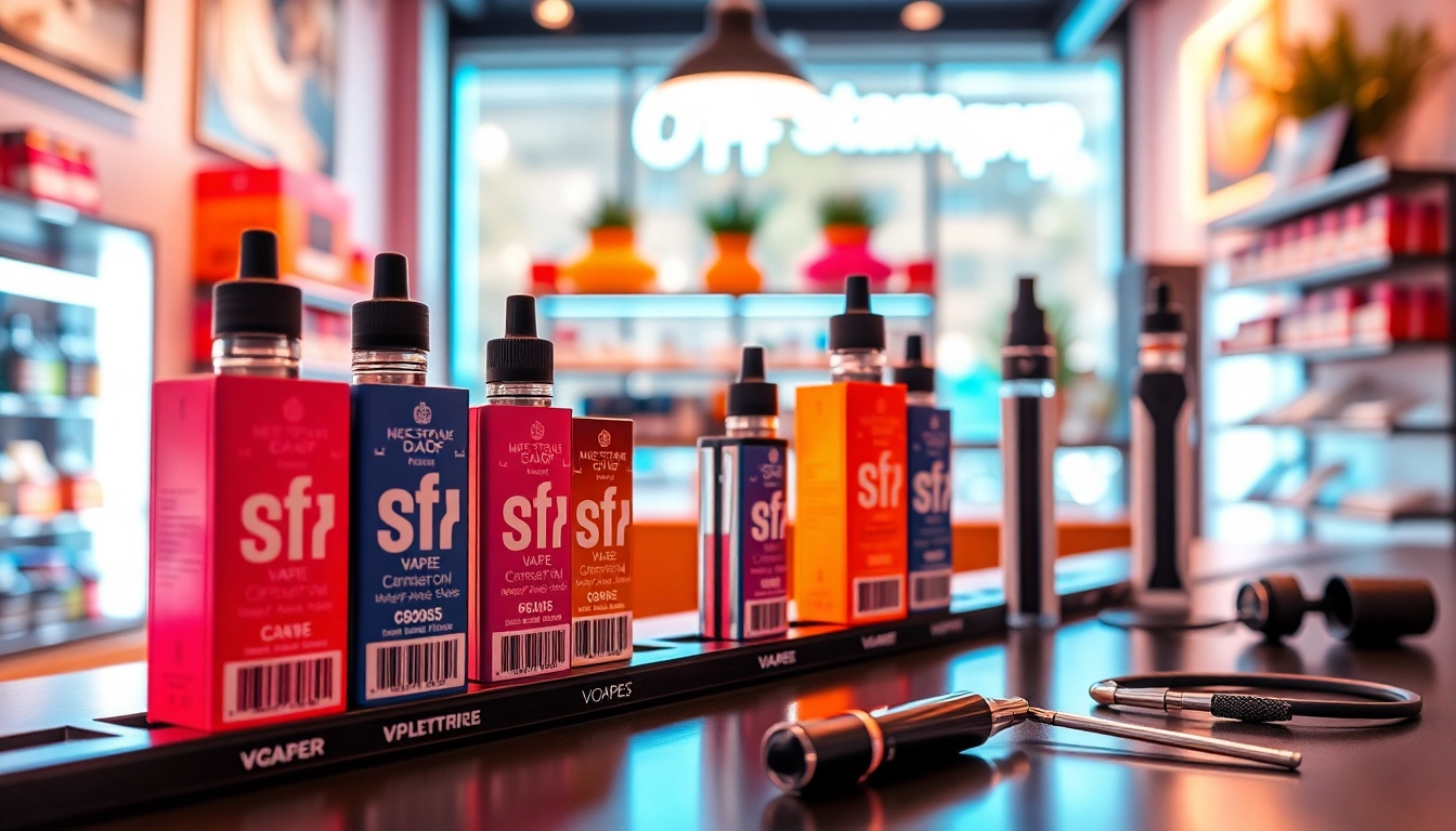 Shop vibrant off stamp vapes arranged colorfully on modern shelves.