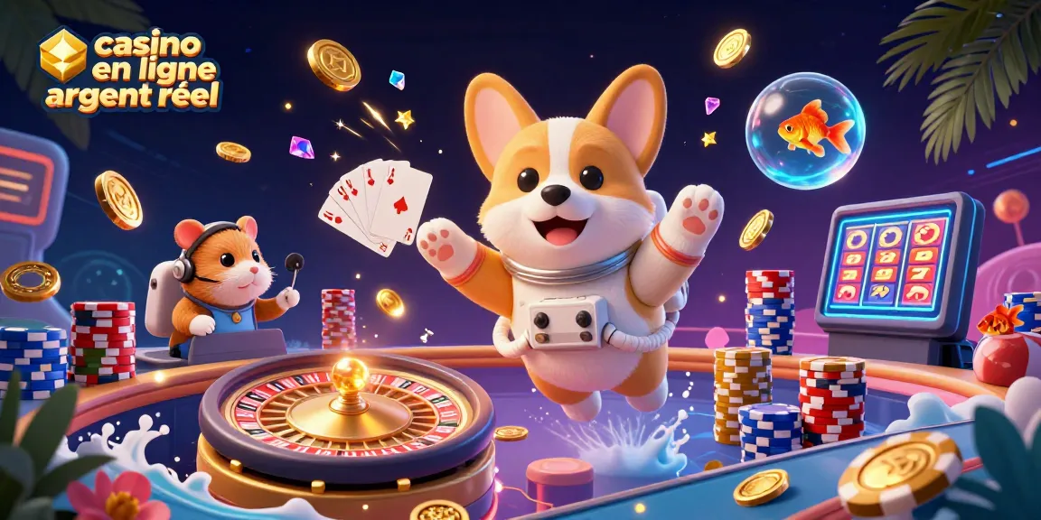 Jeu captivant sur "casino en ligne argent réel" avec un corgi astronaute et des éléments de casino flottants.