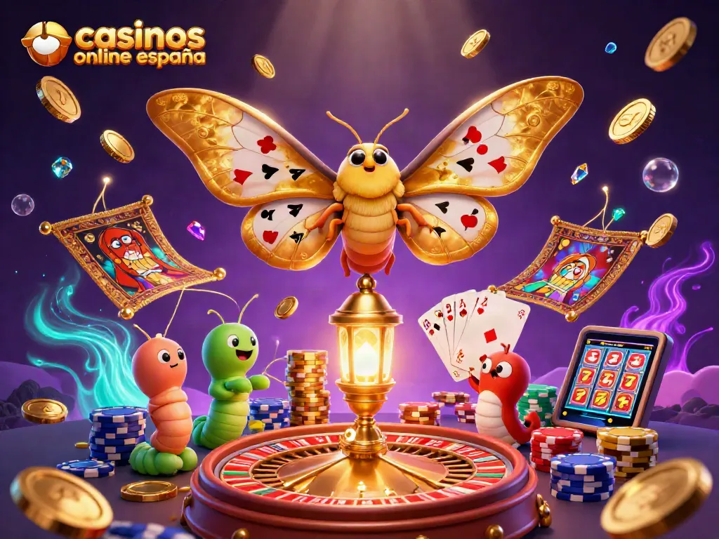 Juega en casinos online España con tragamonedas y juegos de mesa en una escena vibrante.