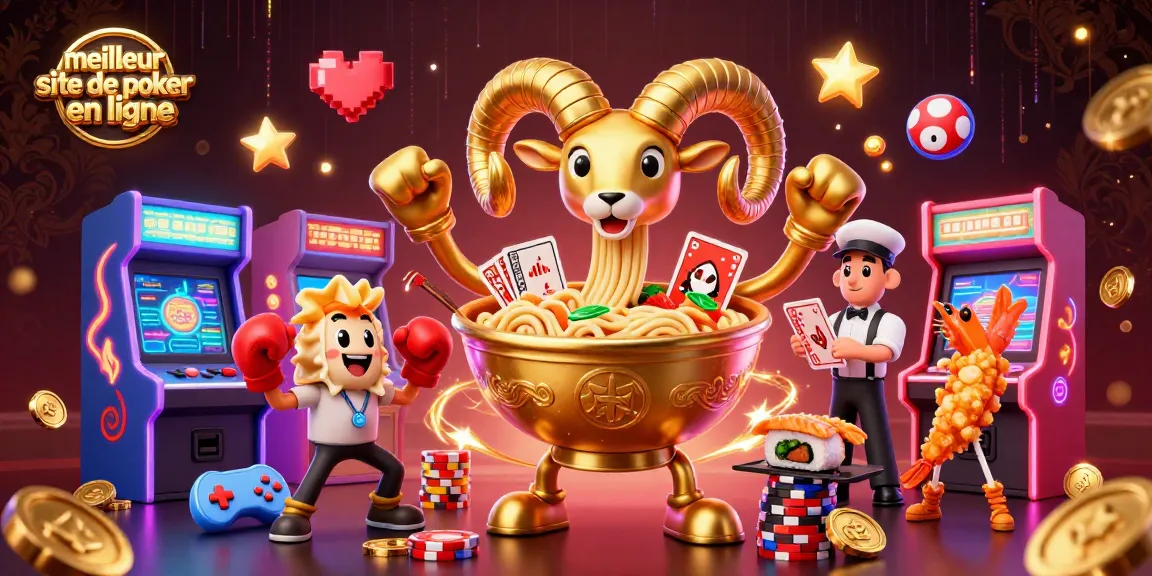 Participer au meilleur site de poker en ligne avec des cartes distribuées par un bol de ramen géant et des personnages colorés.