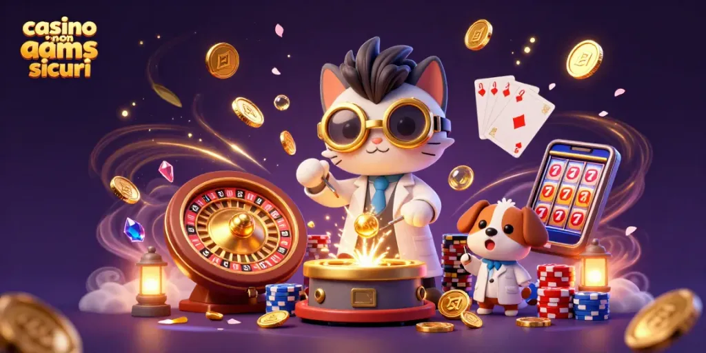 I giocatori scoprono la sicurezza dei casinò non AAMS sicuri in un'illustrazione giocosa e accattivante.