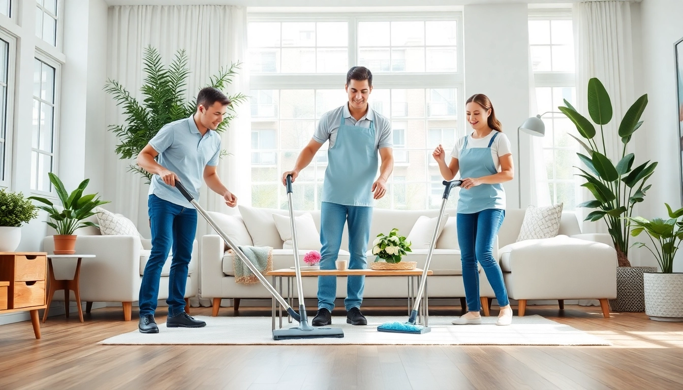 Spotlight on a Cleaning Service crew refreshingly cleaning a bright, modern living room.