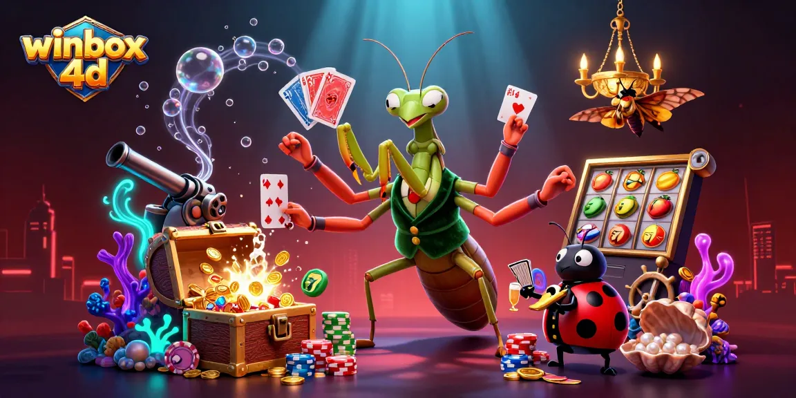 Engage with winbox 4d through a lively illustration featuring card games, colorful gems, and energetic casino characters.