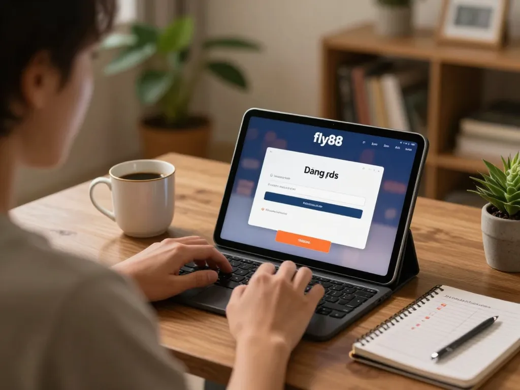 Person using fly88 đăng nhập on tablet in cozy home setting, showcasing responsible gaming