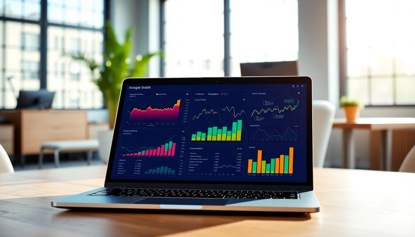 Visualize AI for competitor analysis with graphs and data insights in a modern office.