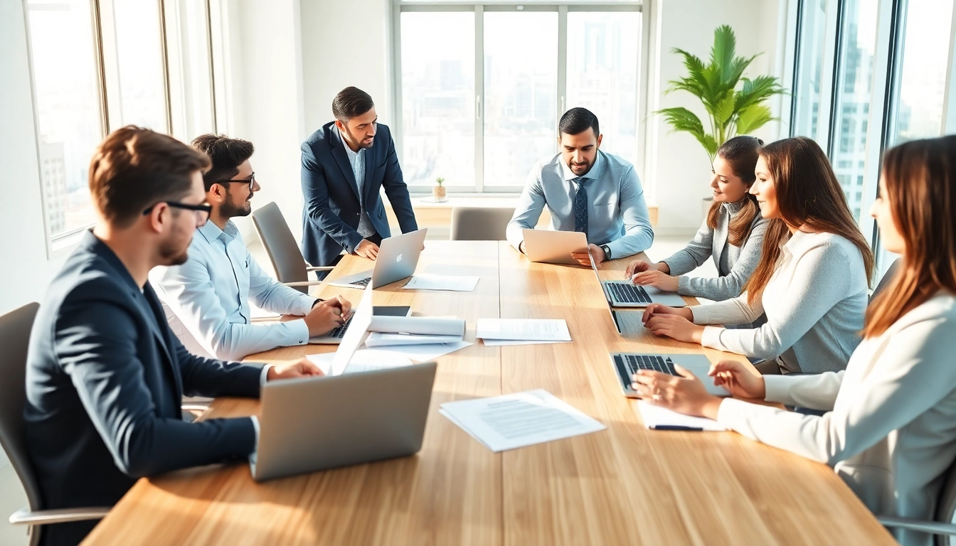Collaborative team discussing Contract Management in a modern office environment with diverse professionals.