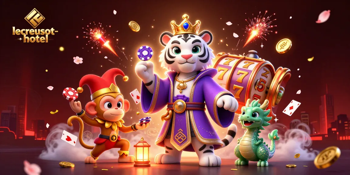 Experience thrilling slots at lecreusot-hotel with lively characters engaging in vibrant casino action.