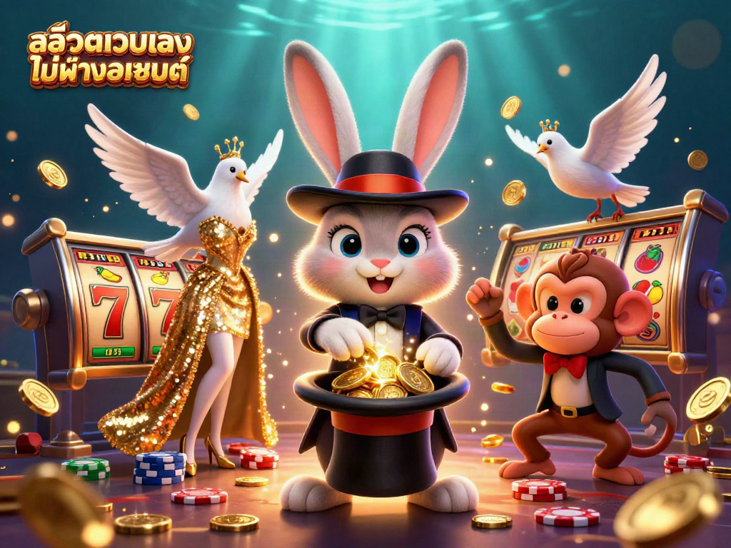 ภาพประกอบ 3D ของ สล็อตเว็บตรงไม่ผ่านเอเย่นต์ กับกระต่ายเวทมนตร์ ดึงเหรียญทองจากหมวก
