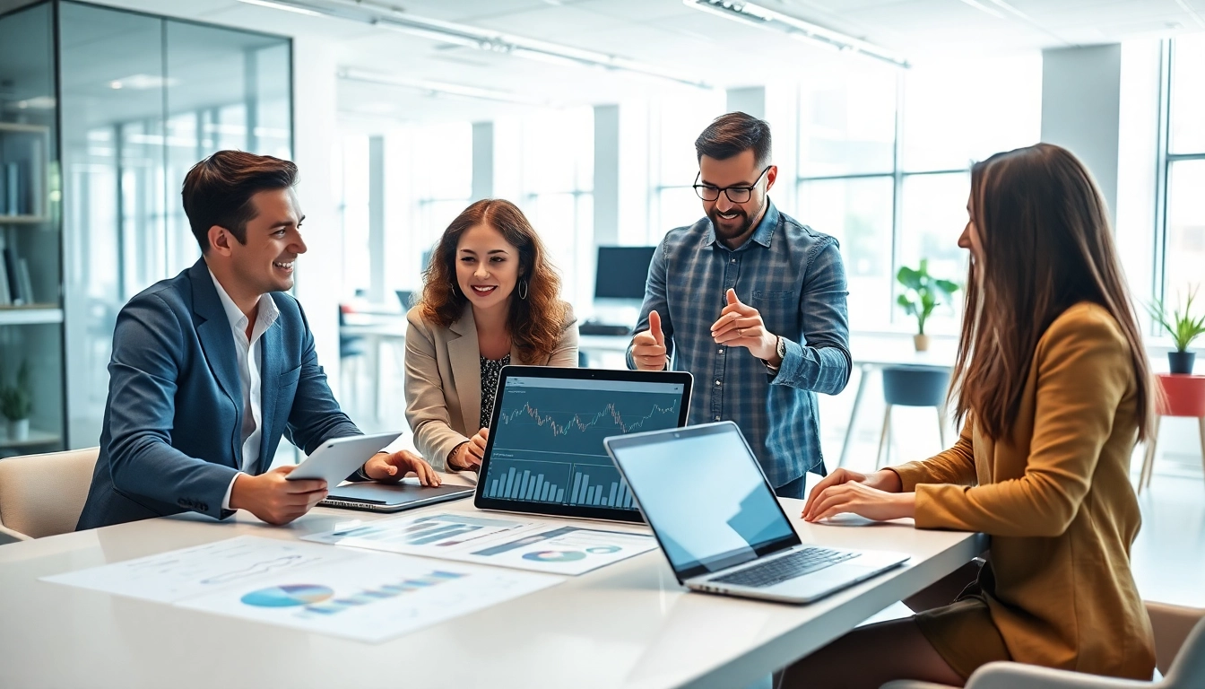 Visually analyzing Content Gap Analysis data with a collaborative team in a modern office.