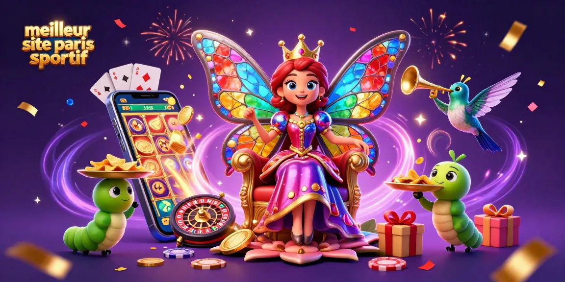 Pariez avec le meilleur site de paris sportif, illustrant une reine papillon et des éléments de jeu animés.