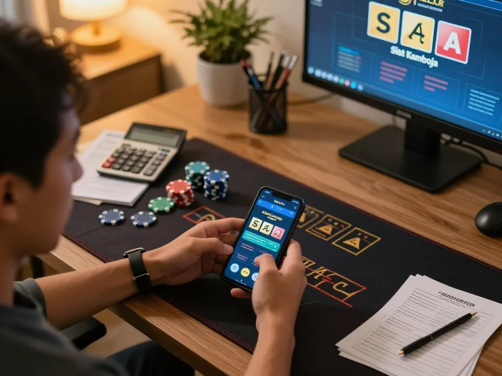 Situs slot kamboja interface displayed on smartphone, engaging player in action with strategic notes nearby.