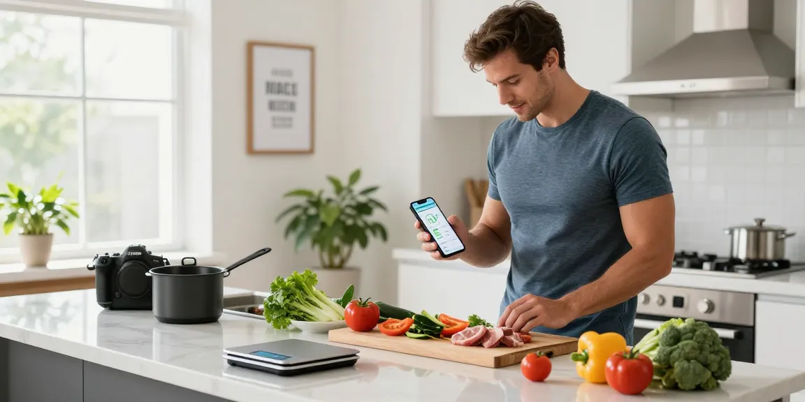 Tracking macros with the best macro tracking app while preparing a healthy meal in a bright kitchen.