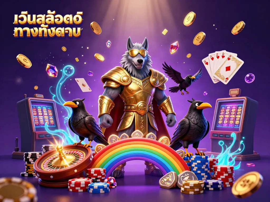 ภาพกราฟิก 3D แสดง Odin หมาป่าที่มีแพทช์ตาทองกับพระเอกสองตัว บนสะพานชิปคาสิโน ใต้ข้อความ "เว็บสล็อตตรงทั้งหมด"