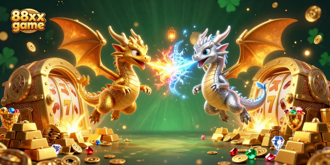 Engage with the thrilling 88xx game featuring golden dragons amidst sparkling slot symbols and treasures.