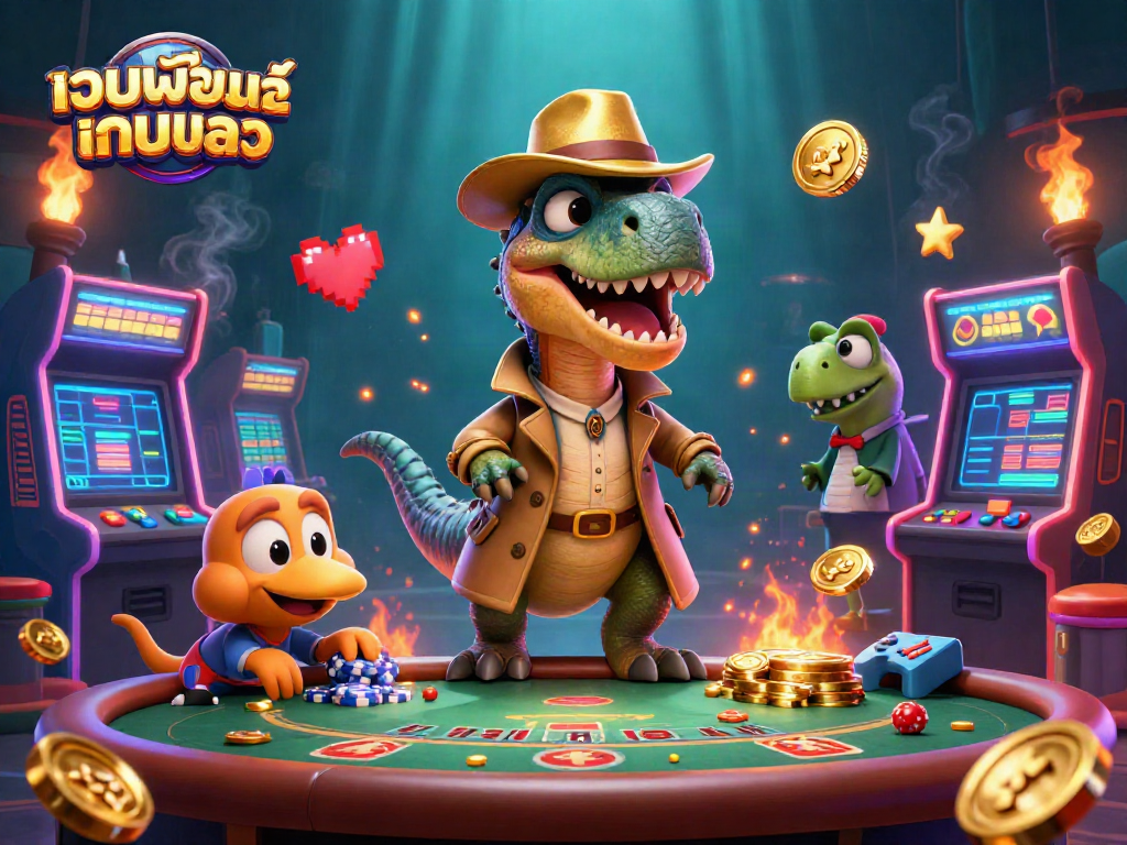 ภาพการ์ตูน 3D ของ เว็บพนันออนไลน์ เว็บตรง ในคาสิโนที่มีอุปกรณ์เกมแนวอาร์เคดและตัวละครสลับซับซ้อน