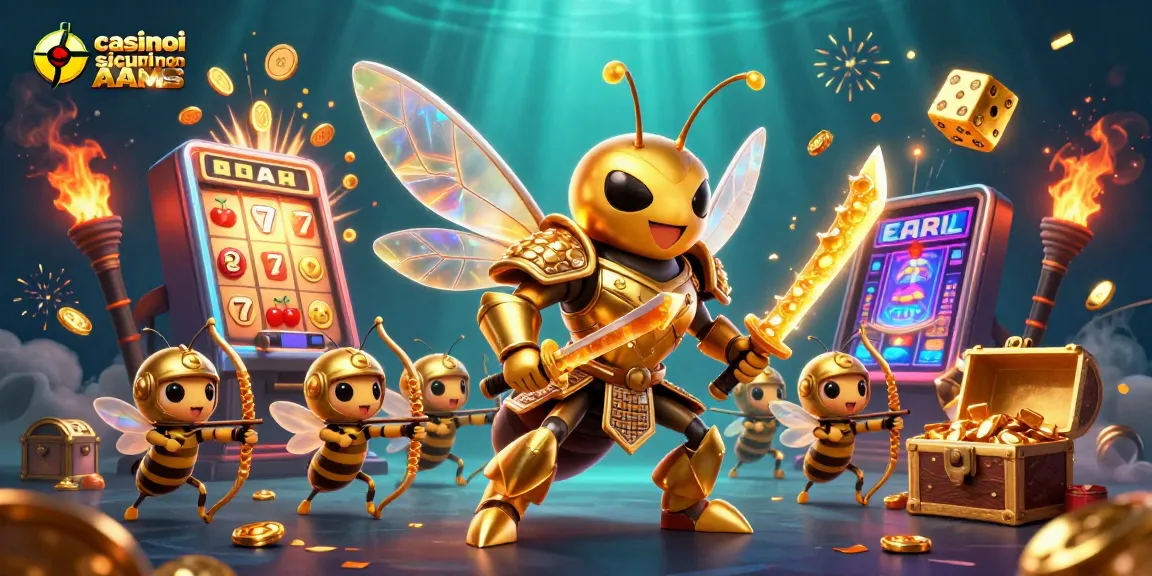 Gioca nei casino sicuri non AAMS con un'illustrazione di un'ape samurai in un frenetico ambiente di gioco.