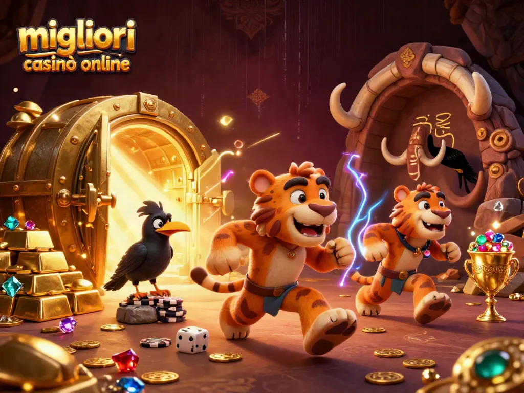 Giocando nei migliori casinò online: illustrazione di un uomo delle caverne e una tigre con alette nel loro casinò preistorico.