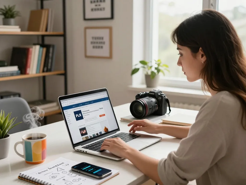Focus on a woman researching to Purchase PLR Content in a stylish home office.