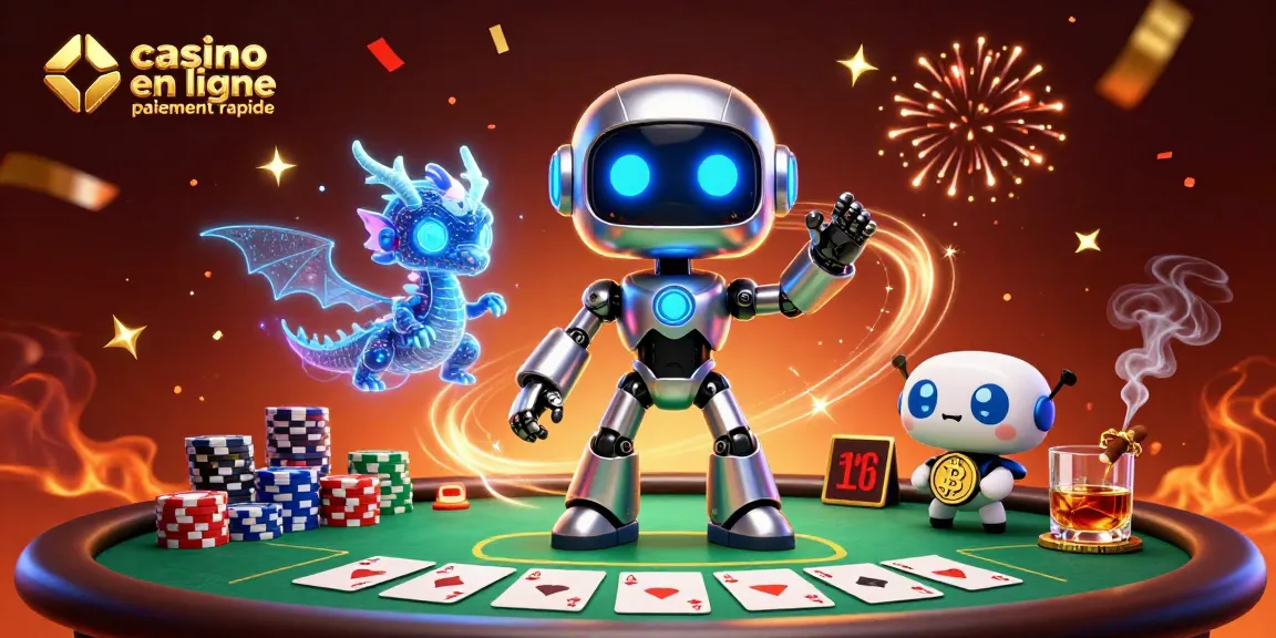 Illustration de casino en ligne paiement rapide avec un robot cybernétique et un dragon IA, riche en détails.