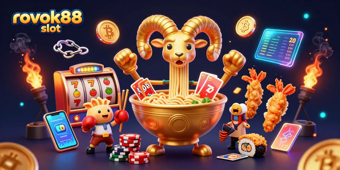 Spin the reels of rokok88 slot with a giant ramen bowl, dynamic characters, and vibrant casino elements.