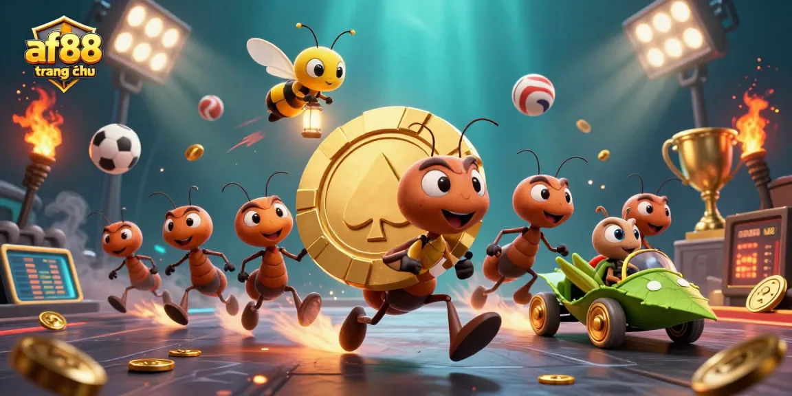 Join the excitement at af88 trang chủ with ants carrying a giant poker chip amid casino elements.