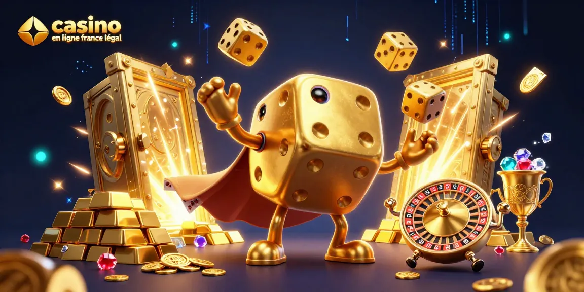 Visuel dynamique présentant la scène de jeu sur casino en ligne France légal avec des dés dorés.
