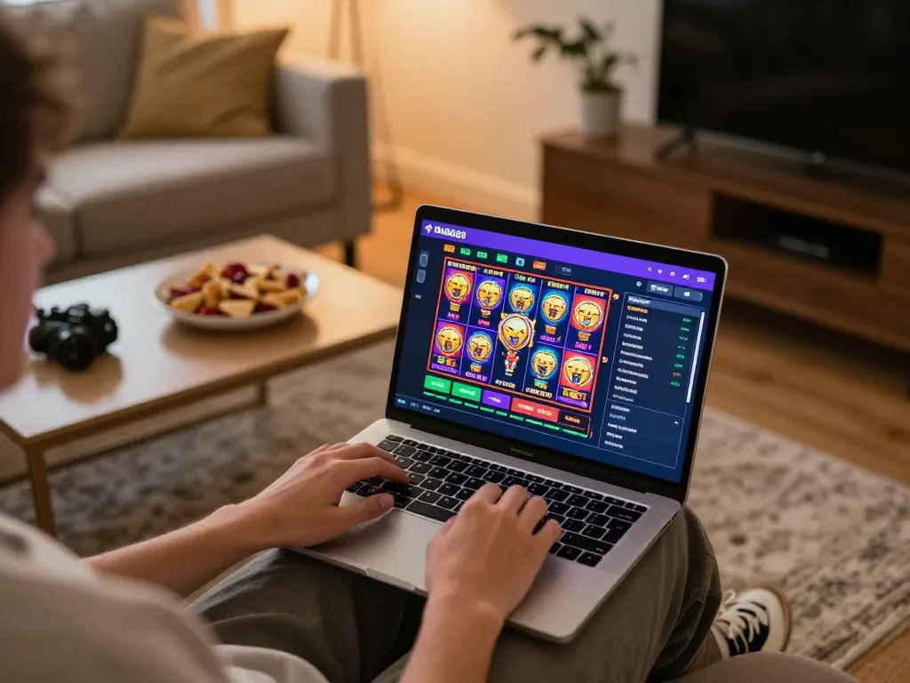 Engaging in online gaming on DN88 platform, showcasing vibrant slot options in a cozy home setting