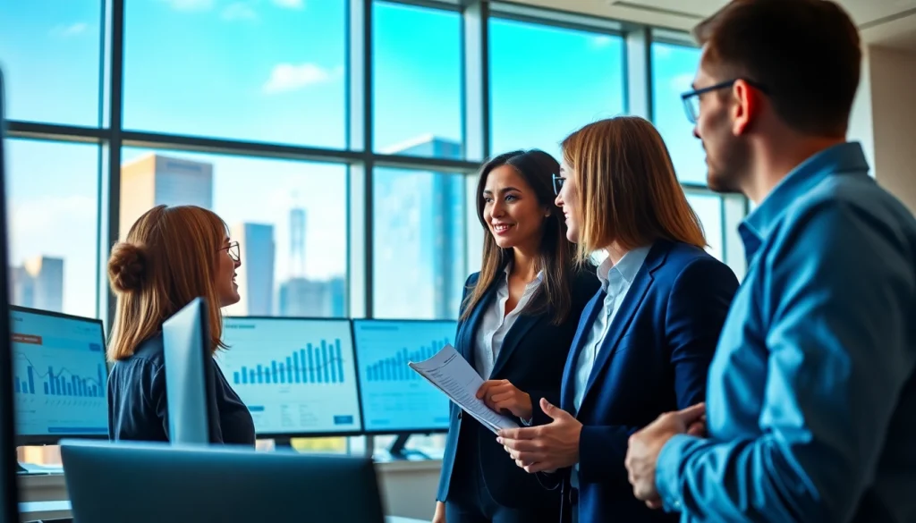 Real Estate agent engaging clients in a modern office with a city skyline backdrop.