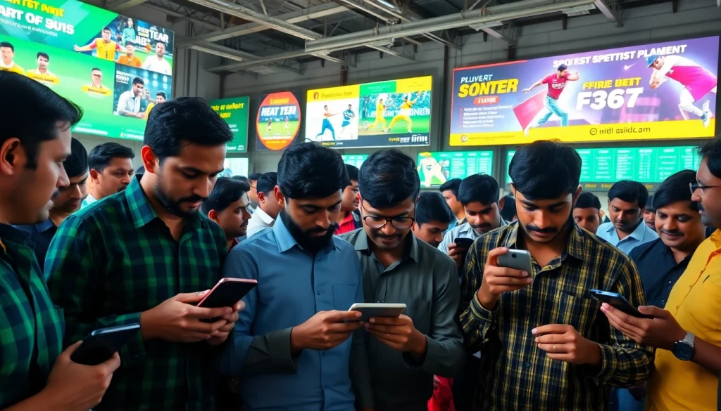 Engaged bettors exploring sports betting sites India through mobile devices and tablets in a vibrant setting.