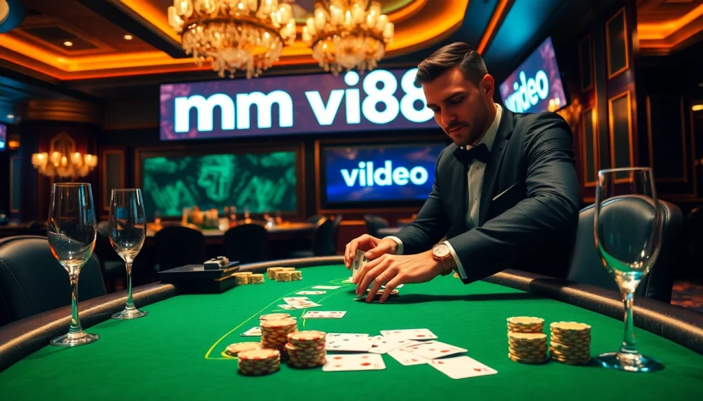 Experience the excitement of mm88 video at an upscale poker game, with elegant tables and vibrant chips.