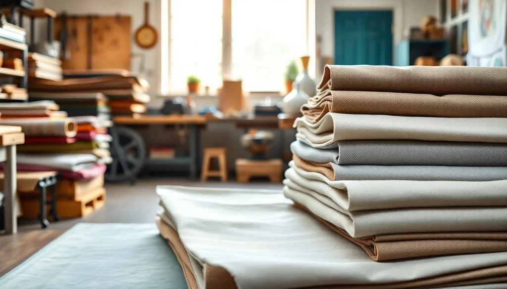 Canvas stoffen in een creatieve werkplaats met verschillende kleuren en texturen die inspireren.