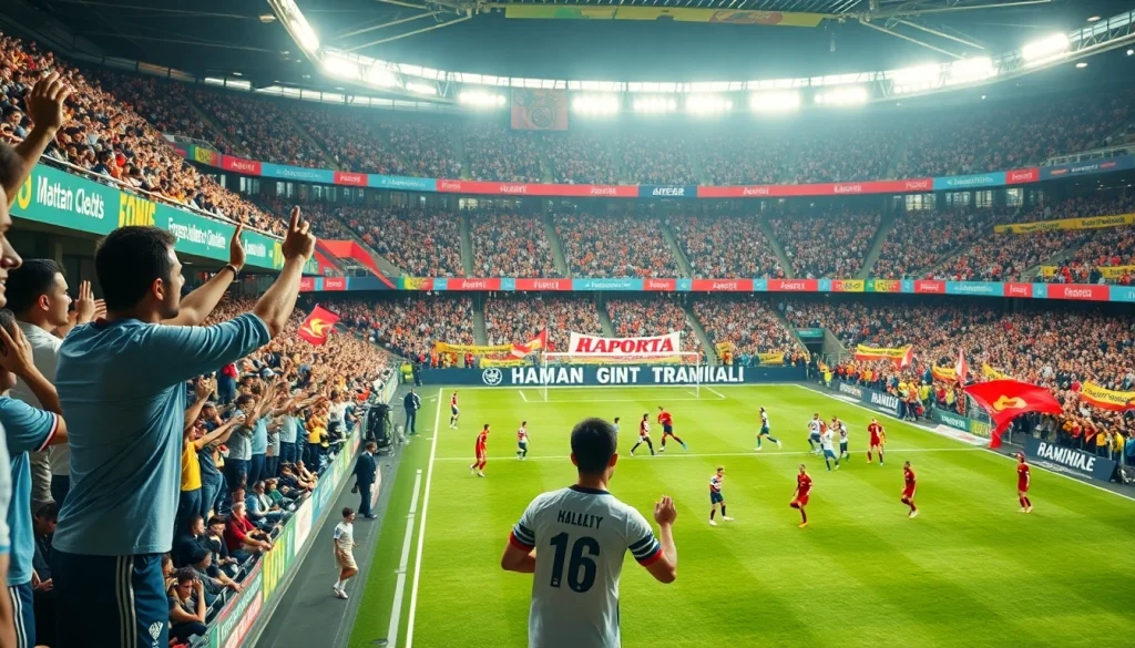 축구중계로 환호하는 관중과 선수가 있는 경기장 장면