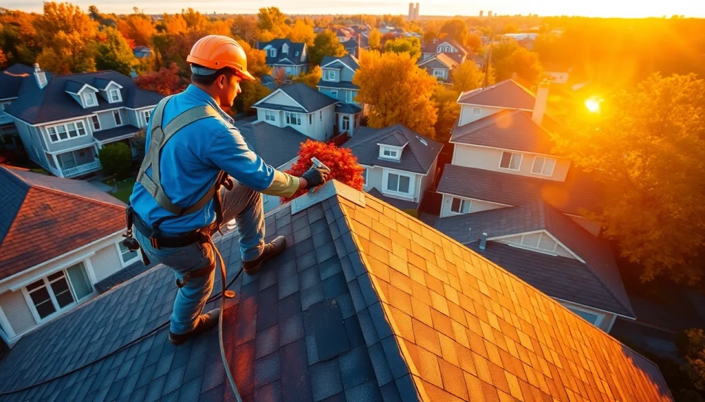 Showcasing reliable roofing services through a contractor inspecting a roof at sunset.